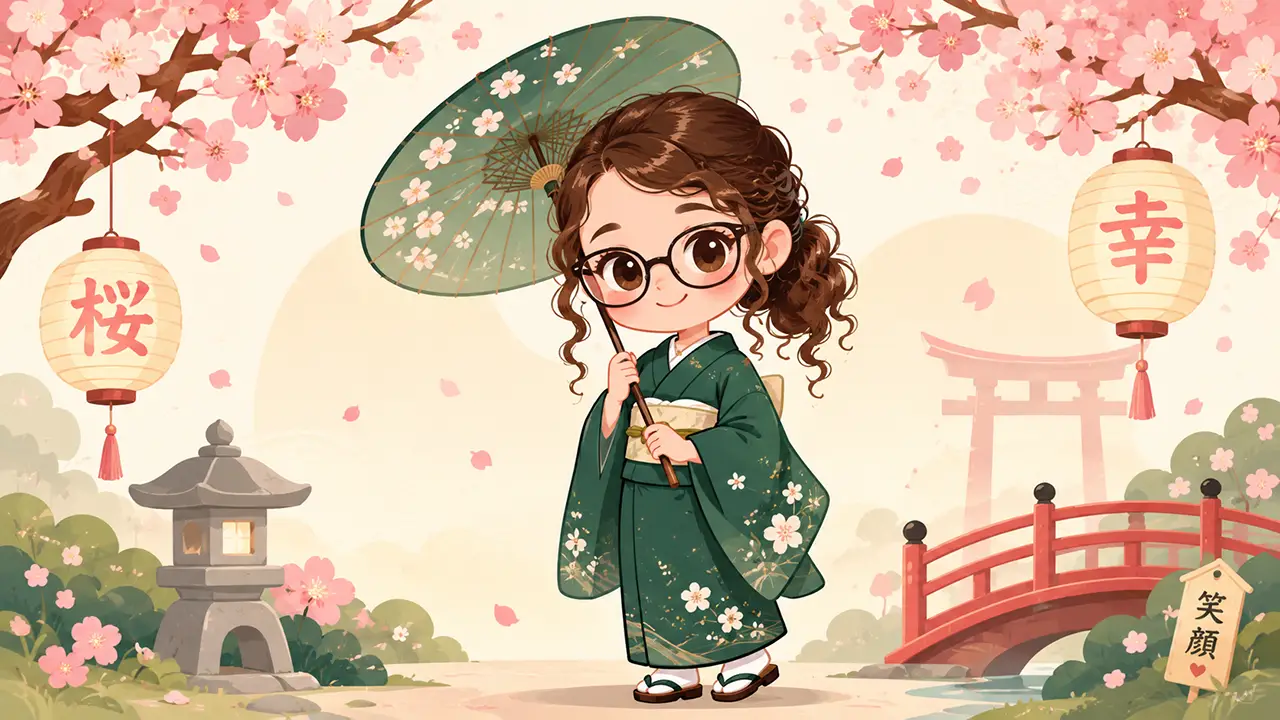 Sarah présente Japan & You dans une illustration inspirée du Japon avec sakura, kimono et lanternes